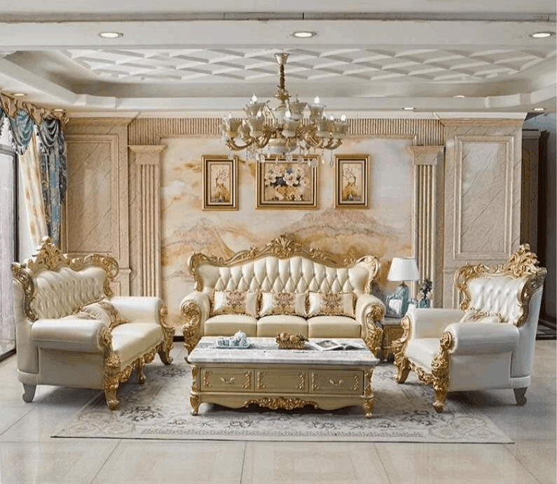 Royal European Cream Quilted Leather & Gilded Wooden Golden Living Room Sofa Set - Le Joyau Store - designer,golden,Nordic,reclining,wood - Single Seat