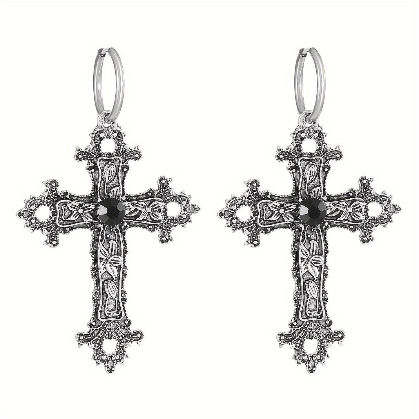 Vintage Gothic Religious Silver Filigree Cross Unisex Hoop Earrings with Black Accents - Le Joyau Store - alloy,black,filigree,hip hop,vintage -