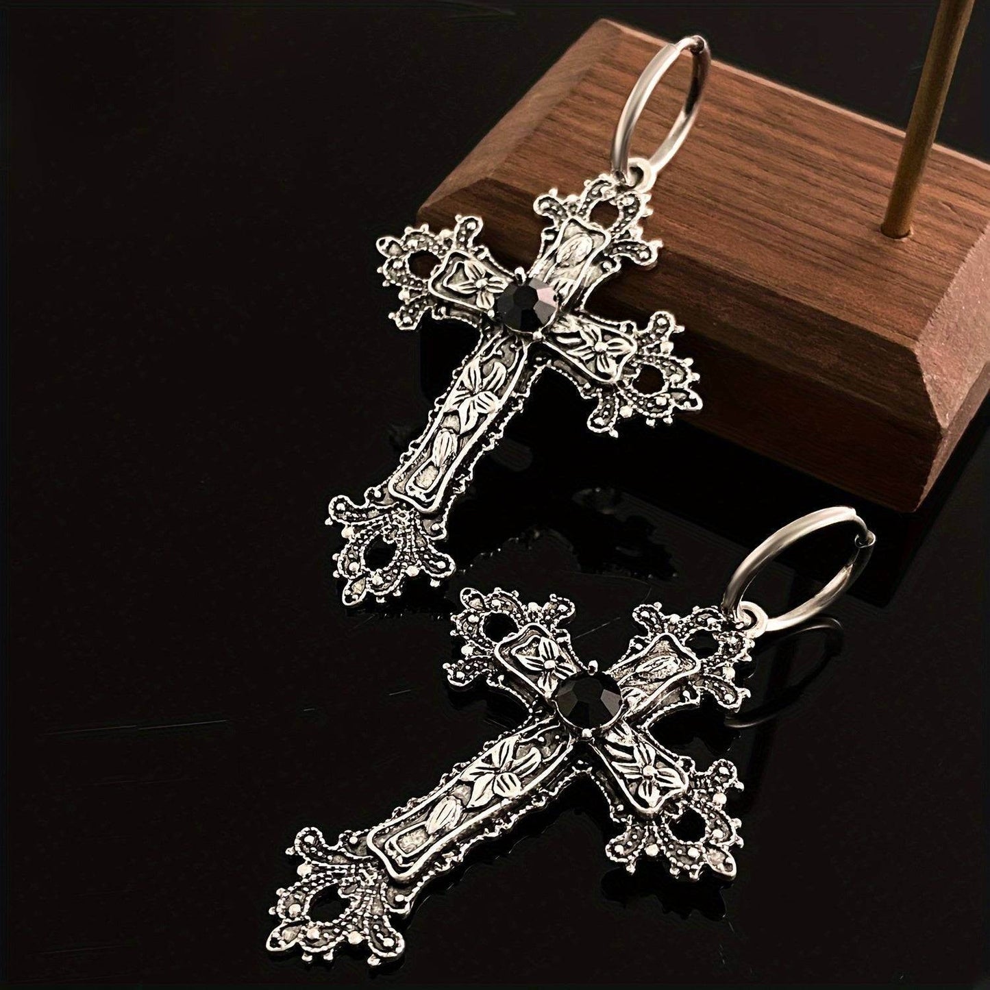 Vintage Gothic Religious Silver Filigree Cross Unisex Hoop Earrings with Black Accents - Le Joyau Store - alloy,black,filigree,hip hop,vintage -