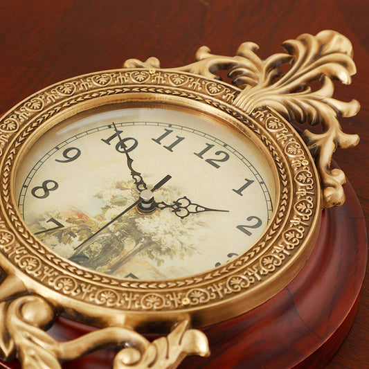 Antique Brown & Engraved Gold Vintage Baroque Wooden Wall Clock with Swinging Pendulum - Le Joyau Store - AA Battery,Retro,Round,Silent,Wooden -