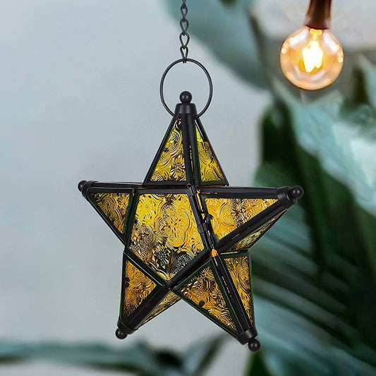 Stained Glass Window Pentagram Hanging Iron Embossed Glass Candle Holder - Le Joyau Store - Glass,Hanging,Metal,Pentagram,Windproof - Red