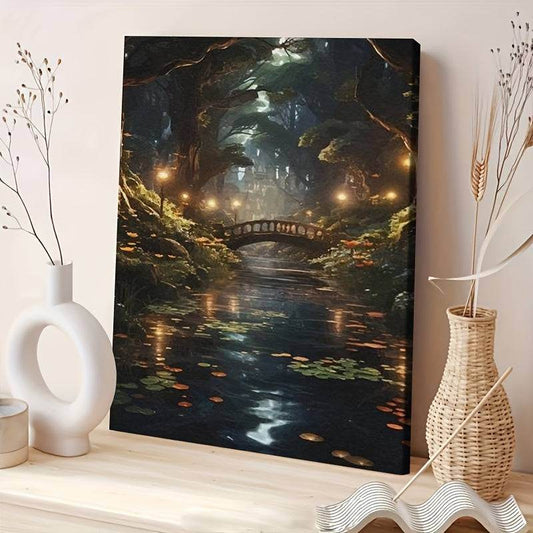 Mystical Enchanted Fantasy Forest Night Lake Bridge Wooden Canvas Art Print - Le Joyau Store - Cottage,Enchanted,Fantasy,Landscape,Wooden - 08×12×0.75inch-Framed