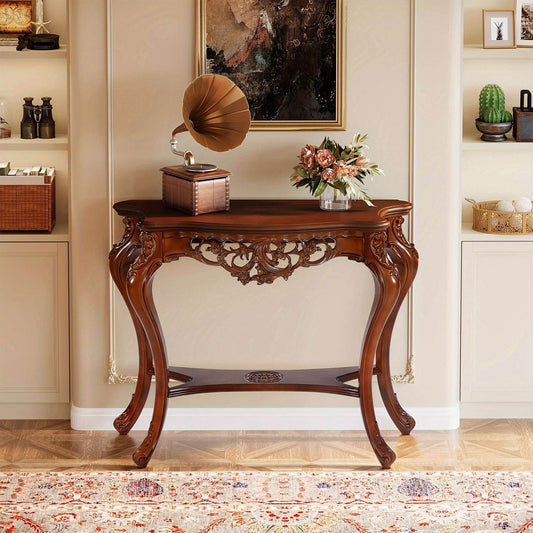 Antique Brown Vintage Floral Wooden Console Table with Cabriole Legs - Le Joyau Store - Brown,Floral,Rustic,side table,Vintage,Wood -