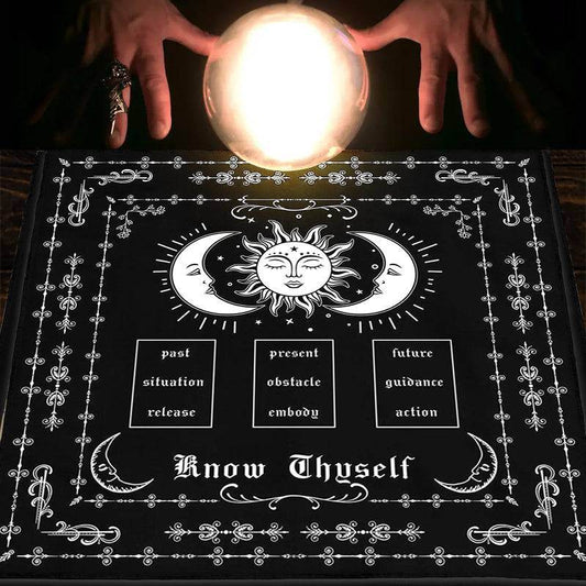 Know Thyself Crescent Moons & Sun Tarot Cloth Witches Mat for Readings & Altar Decor - Le Joyau Store - astrology,black,fabric,tarot,witchy - 19.29 x 19.29 inch