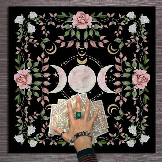 Floral Rose Triple Moon Goddess Witchcraft Altar Tarot Cloth Mat for Card Readings - Le Joyau Store - altar cloth,cottage core,moon decor,polyester,ritual mat - 19.29 x 19.29 inch
