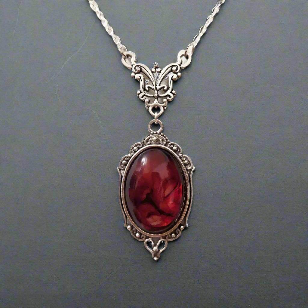 Victorian Gothic Red Oval Bloodstone & Ornate Silver Vampire Cameo Pendant Necklace - Le Joyau Store - Gothic,Pendant,Red,Vintage -