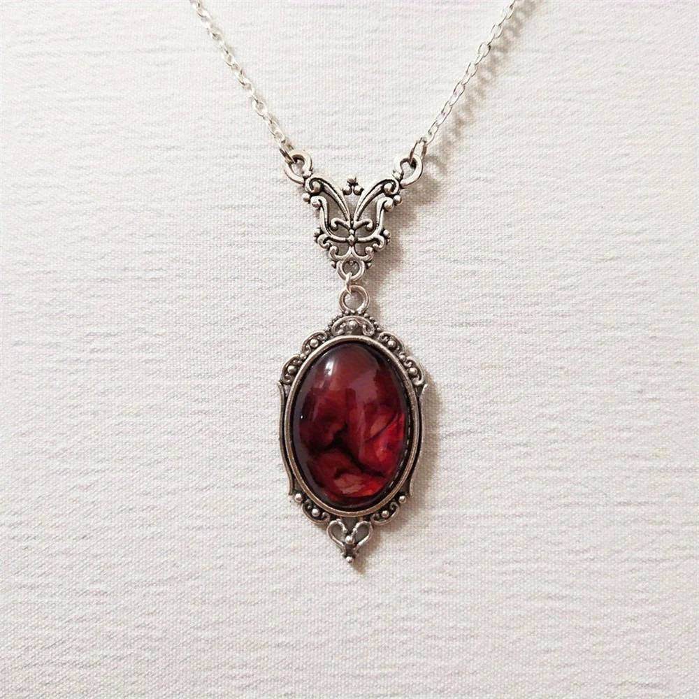 Victorian Gothic Red Oval Bloodstone & Ornate Silver Vampire Cameo Pendant Necklace - Le Joyau Store - Gothic,Pendant,Red,Vintage -