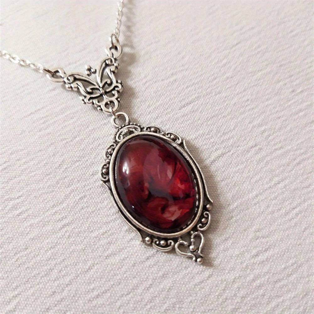 Victorian Gothic Red Oval Bloodstone & Ornate Silver Vampire Cameo Pendant Necklace - Le Joyau Store - Gothic,Pendant,Red,Vintage -