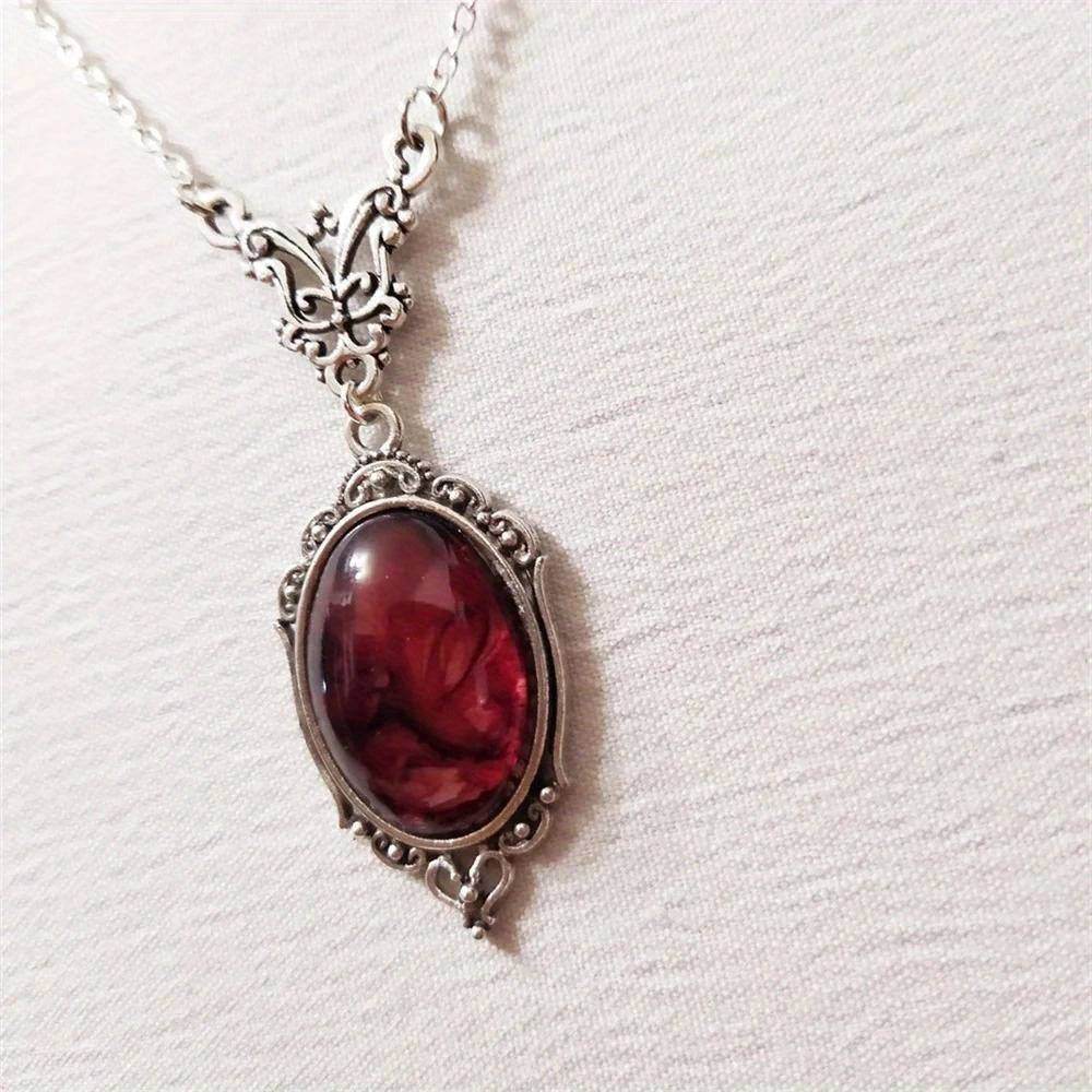 Victorian Gothic Red Oval Bloodstone & Ornate Silver Vampire Cameo Pendant Necklace - Le Joyau Store - Gothic,Pendant,Red,Vintage -