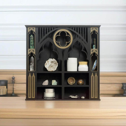Black & Gold Multi-Tiered Gothic Cathedral Window Wooden Display Shelf Rack - Le Joyau Store - black wood,home decor,multi-tier,vintage -