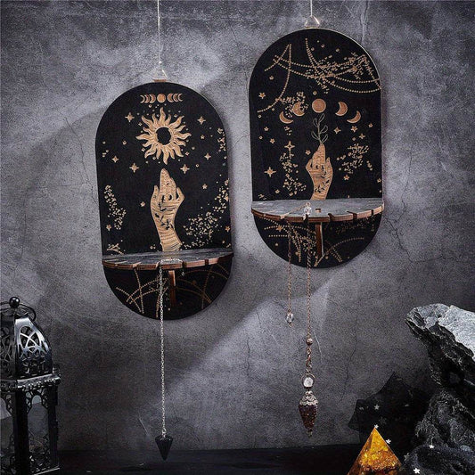 Moon Phases & Sun Witches Crystal Display Wooden Floating Wall Shelf (2 Pack) - Le Joyau Store - boho,crystal,rustic,wedding,wood -