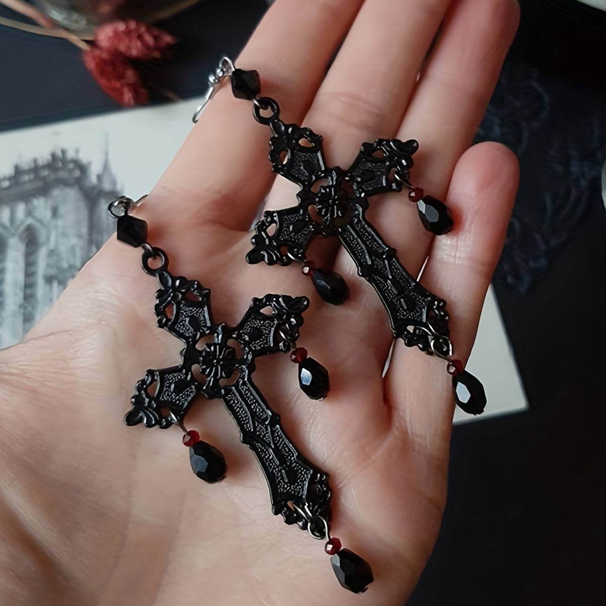 Gothic Engraved Black Cross Women's Drop Earrings with Black & Red Gemstones - Le Joyau Store - black,drop,gothic,party,vintage -