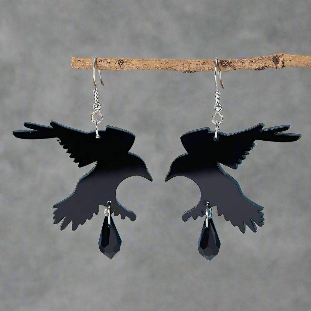 Gothic Black Crow Flat Dangle Earrings with Faux Onyx Cubic Zirconia Gemstones - Le Joyau Store - Alloy,Black,Drop,Punk,Zircon -