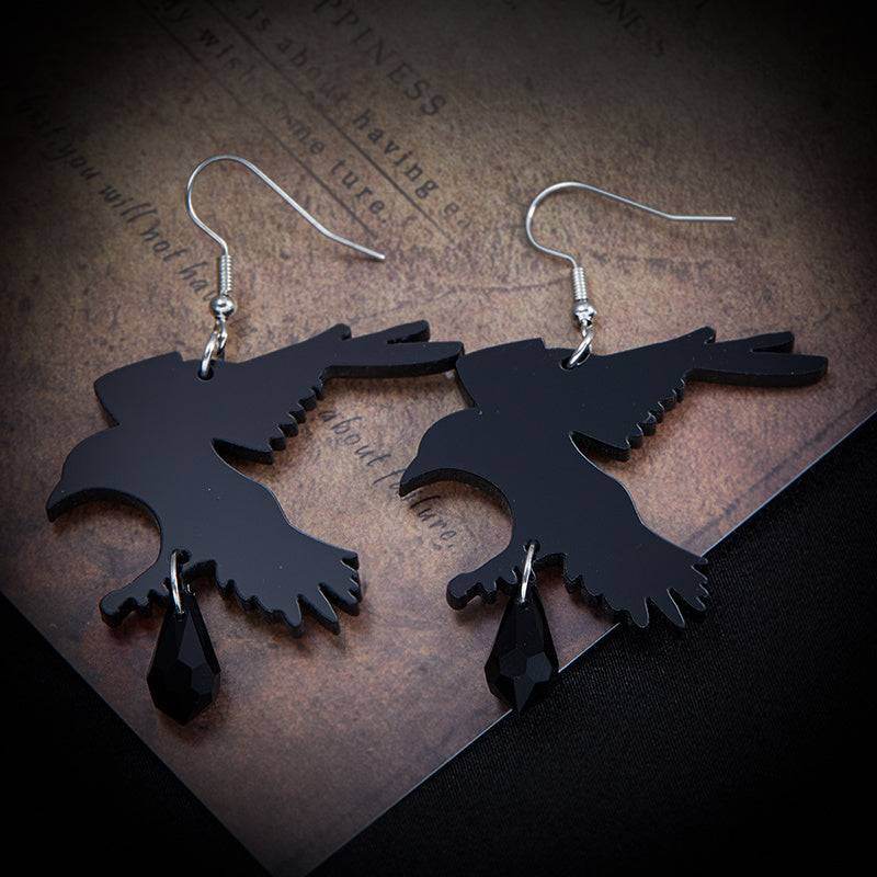 Gothic Black Crow Flat Dangle Earrings with Faux Onyx Cubic Zirconia Gemstones - Le Joyau Store - Alloy,Black,Drop,Punk,Zircon -