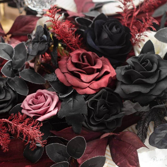 Gothic Artificial Eucalyptus Vine Table Centerpiece Garland with Black & Faded Flowers - Le Joyau Store - Black,celebration,Maroon,Rose Garland,Vintage,wedding - Brown