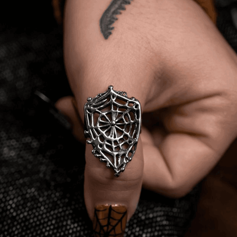 Exquisite Gothic Spiderweb Shield Antique Silver Vintage Open Ring - Le Joyau Store - copper,dark,festival,gothic,vintage -