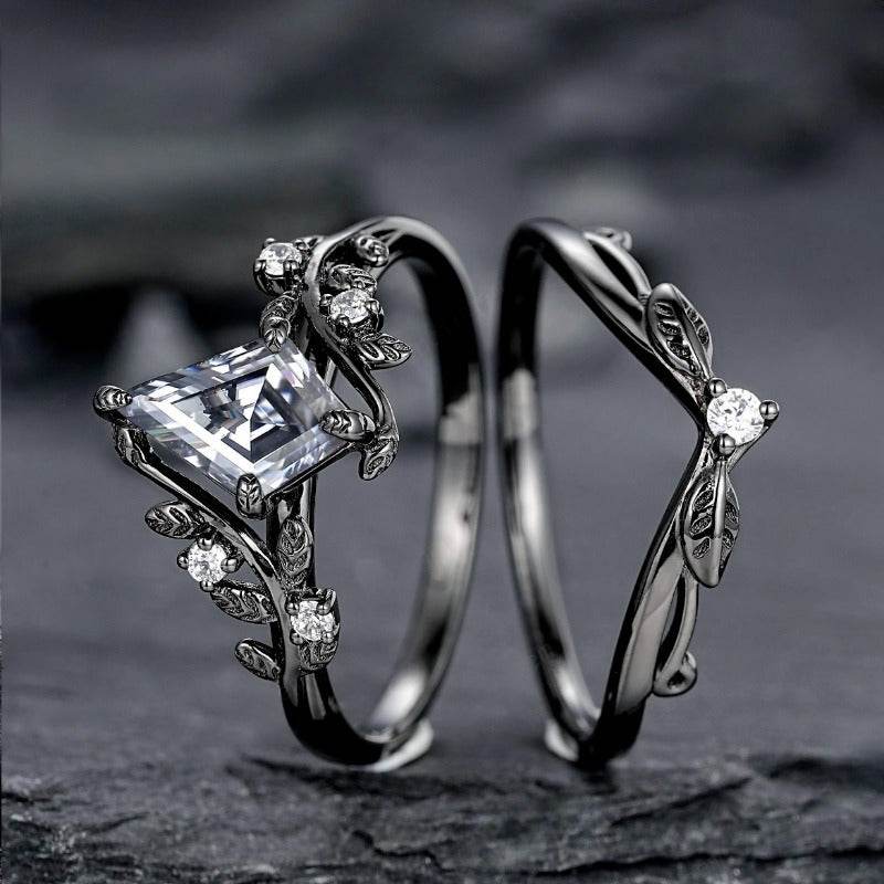 Black Gothic Kite Shaped Crystal Vintage Leaf Women's Rings (2 Pcs Set) - Le Joyau Store - Black,Copper,Floral,Vine,Zircon - 5