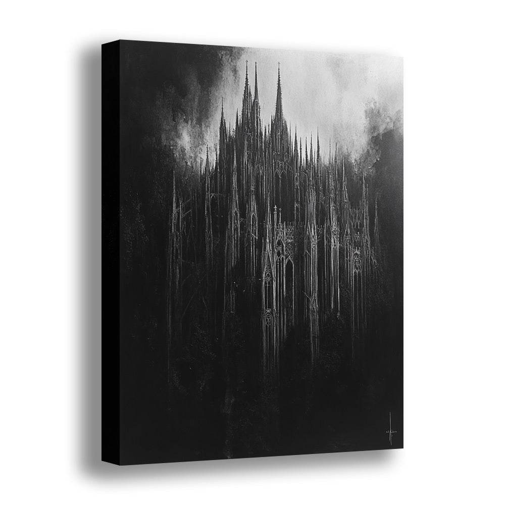 Gothic Towering Cathedral Spires Painting Black & White Mysterious Canvas Art Print - Le Joyau Store - Black White,Gothic,Home Decor,Pinewood,Wall Art - 12inX18in(30X45cm)