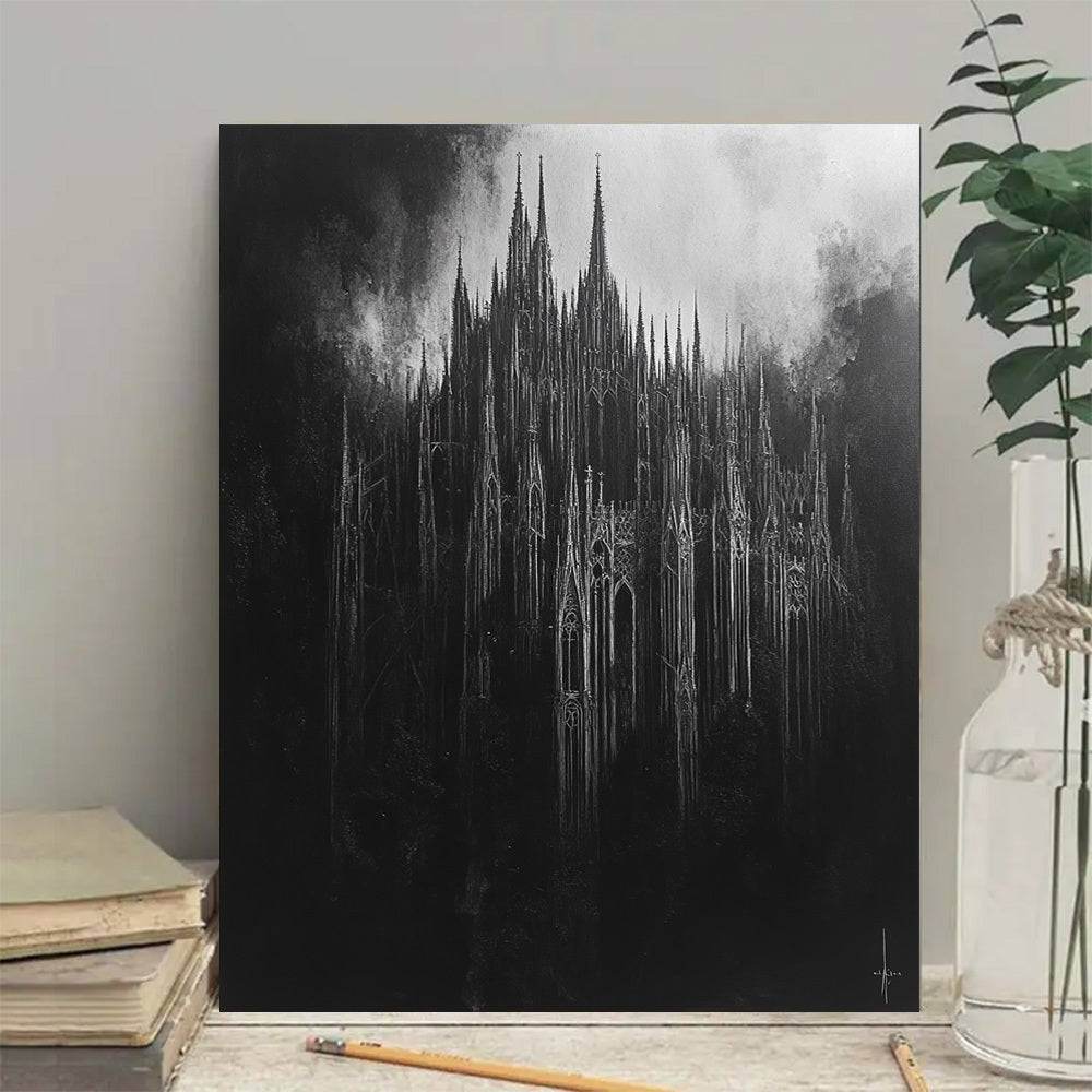 Gothic Towering Cathedral Spires Painting Black & White Mysterious Canvas Art Print - Le Joyau Store - Black White,Gothic,Home Decor,Pinewood,Wall Art - 12inX18in(30X45cm)