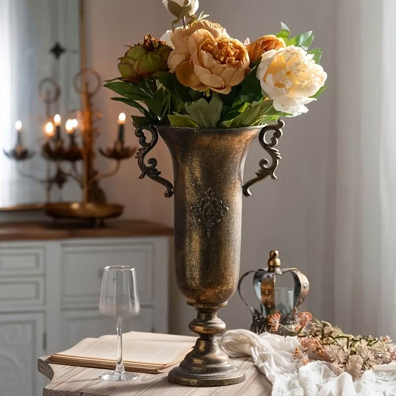 Vintage Aged Metal Bronze Cylindrical Antique Floral Vines Flower Vase - Le Joyau Store - cylindrical,dried flowers,floral design,metal vase,rustic style -