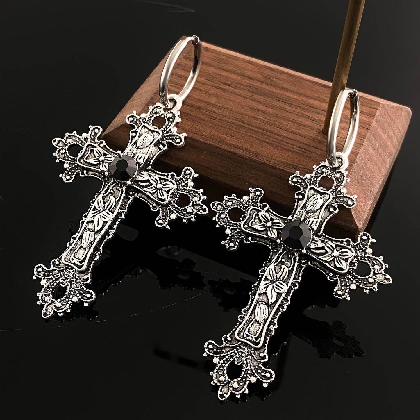 Vintage Gothic Religious Silver Filigree Cross Unisex Hoop Earrings with Black Accents - Le Joyau Store - alloy,black,filigree,hip hop,vintage -