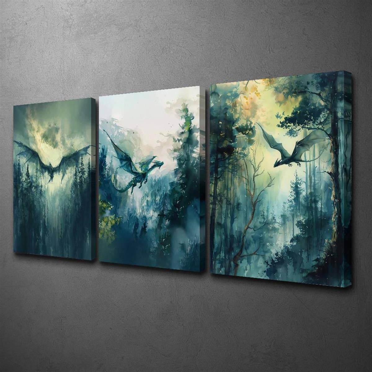 Mythical Dragon Abstract Watercolor Dark Fantasy Gothic Canvas Art Print (3pcs) - Le Joyau Store - Fantasy,Indoor,Mythical,Watercolor,Wood Frame - 36*24inch(90*60cm)