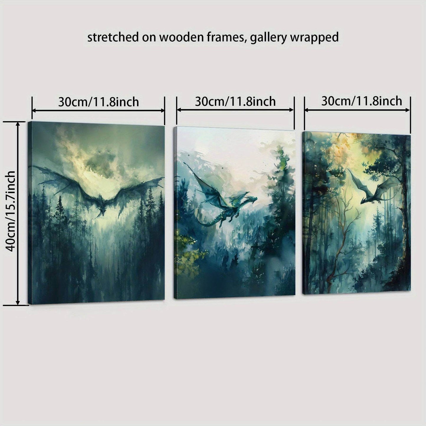 Mythical Dragon Abstract Watercolor Dark Fantasy Gothic Canvas Art Print (3pcs) - Le Joyau Store - Fantasy,Indoor,Mythical,Watercolor,Wood Frame - 36*24inch(90*60cm)