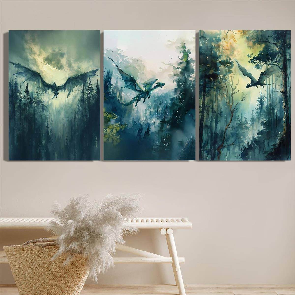 Mythical Dragon Abstract Watercolor Dark Fantasy Gothic Canvas Art Print (3pcs) - Le Joyau Store - Fantasy,Indoor,Mythical,Watercolor,Wood Frame - 36*24inch(90*60cm)