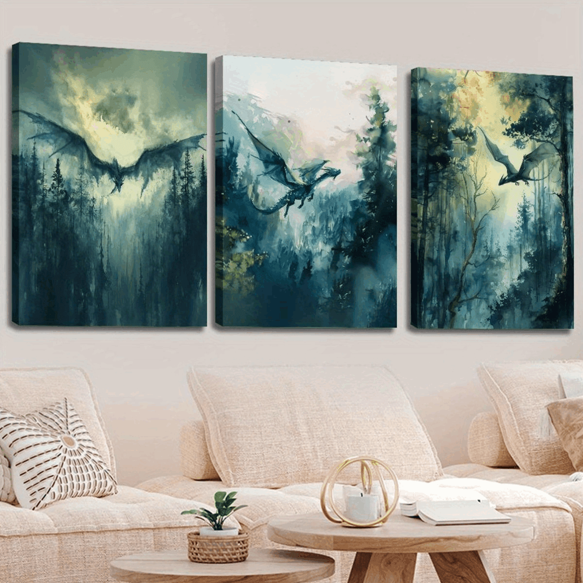 Mythical Dragon Abstract Watercolor Dark Fantasy Gothic Canvas Art Print (3pcs) - Le Joyau Store - Fantasy,Indoor,Mythical,Watercolor,Wood Frame - 36*24inch(90*60cm)