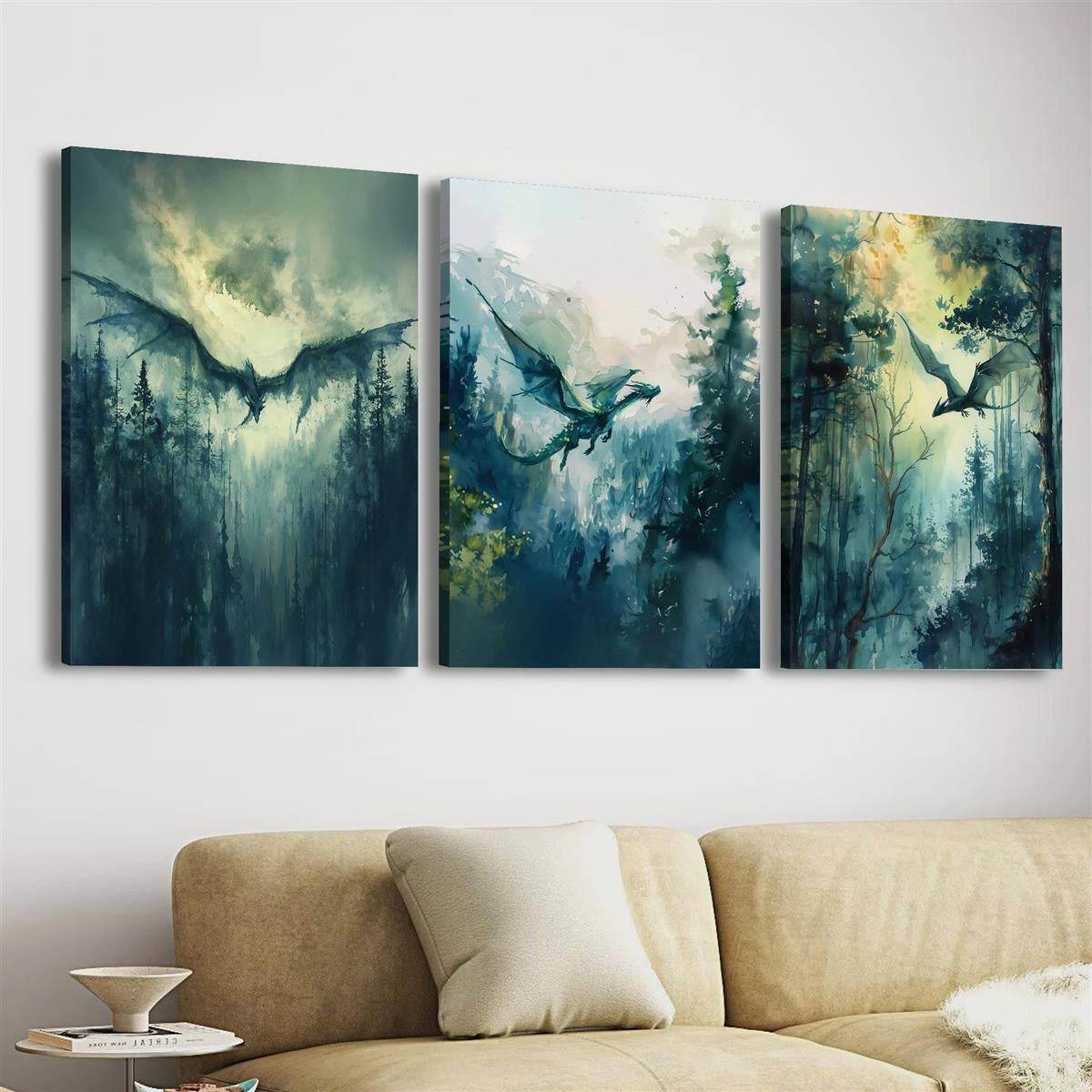Mythical Dragon Abstract Watercolor Dark Fantasy Gothic Canvas Art Print (3pcs) - Le Joyau Store - Fantasy,Indoor,Mythical,Watercolor,Wood Frame - 36*24inch(90*60cm)
