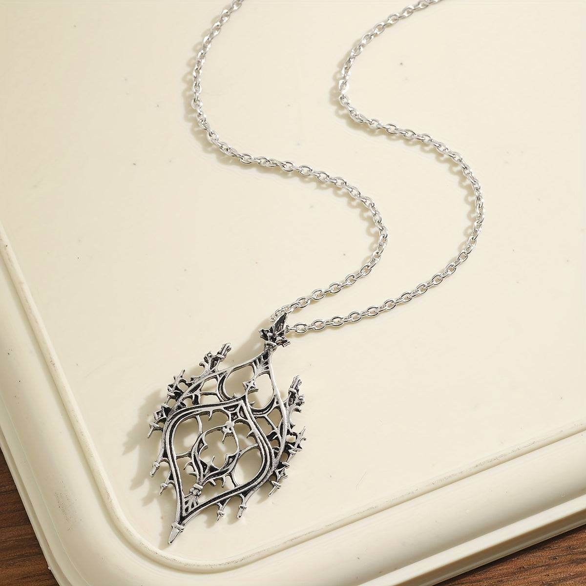 Vintage Gothic Cathedral Arch Window Hollow Carved Silver Necklace - Le Joyau Store - Gothic,Hollow,Pendant,Silver,Vintage -