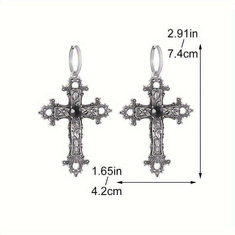 Vintage Gothic Religious Silver Filigree Cross Unisex Hoop Earrings with Black Accents - Le Joyau Store - alloy,black,filigree,hip hop,vintage -