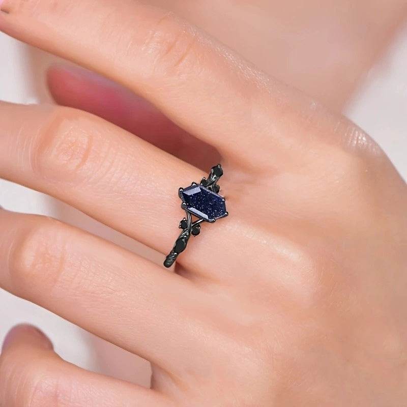 Night Sky Gothic Midnight Blue & Silver Hexagonal Cubic Zirconia Women's Ring - Le Joyau Store - Black Band,Blue Gem,Cubic Zirconia,Elegant - 6