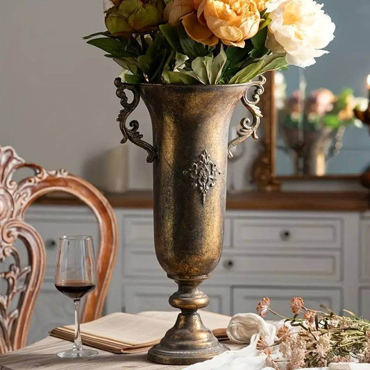 Vintage Aged Metal Bronze Cylindrical Antique Floral Vines Flower Vase - Le Joyau Store - cylindrical,dried flowers,floral design,metal vase,rustic style -