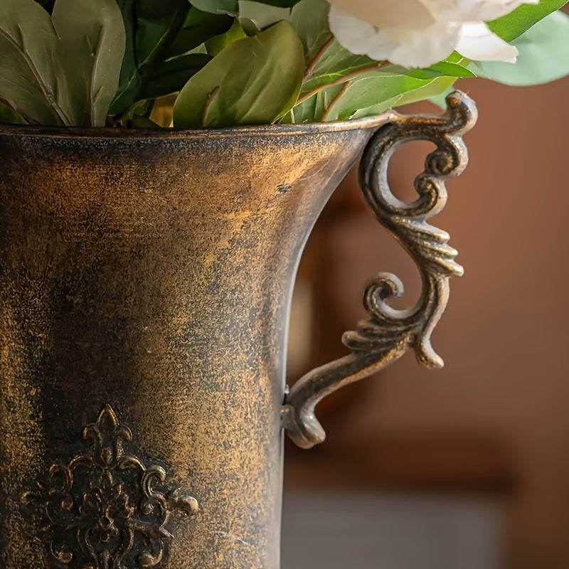 Vintage Aged Metal Bronze Cylindrical Antique Floral Vines Flower Vase - Le Joyau Store - cylindrical,dried flowers,floral design,metal vase,rustic style -
