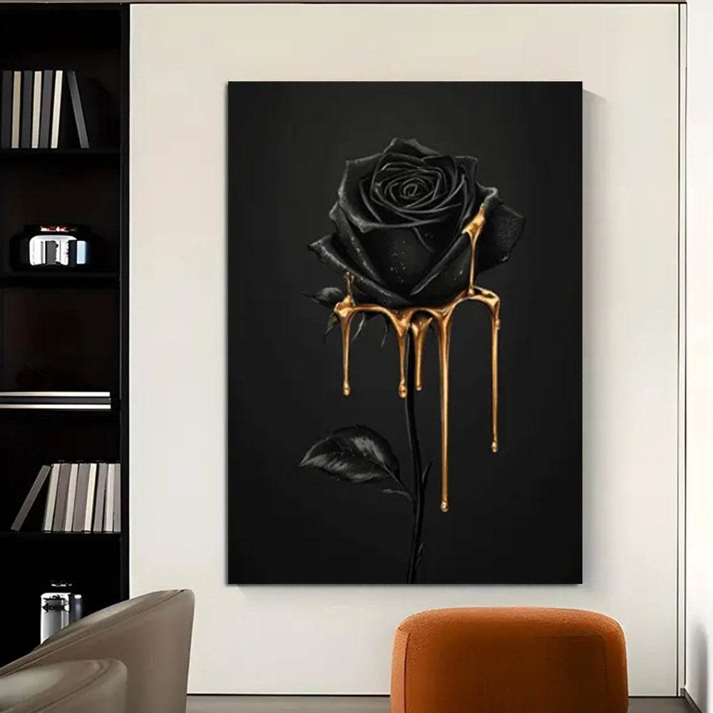 Gothic Luxury Black Rose with Golden Drip Wood Canvas Wall Art Print - Le Joyau Store - Art Deco,Black Rose,Floral,Framed,Luxury - 08x12x0.75inch