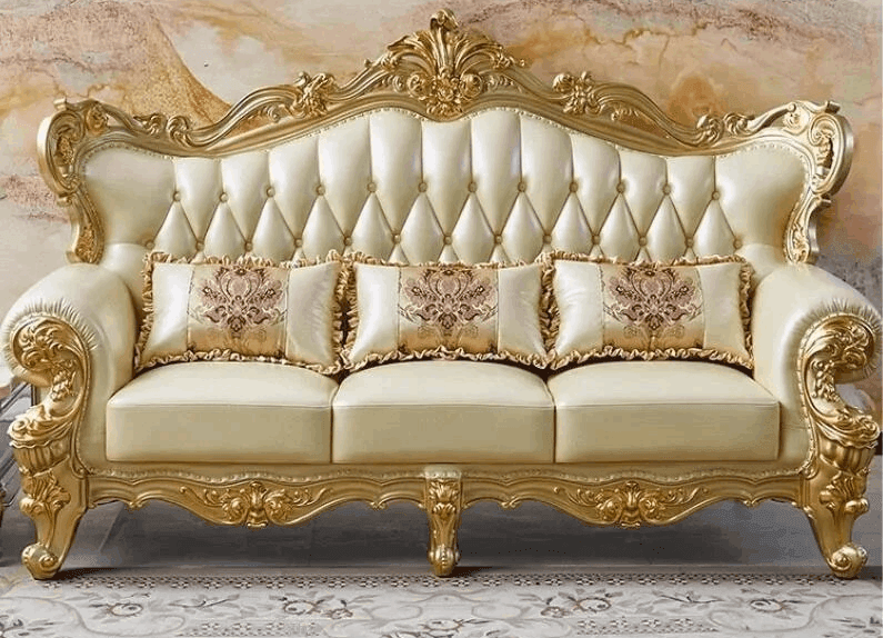 Royal European Cream Quilted Leather & Gilded Wooden Golden Living Room Sofa Set - Le Joyau Store - designer,golden,Nordic,reclining,wood - Single Seat