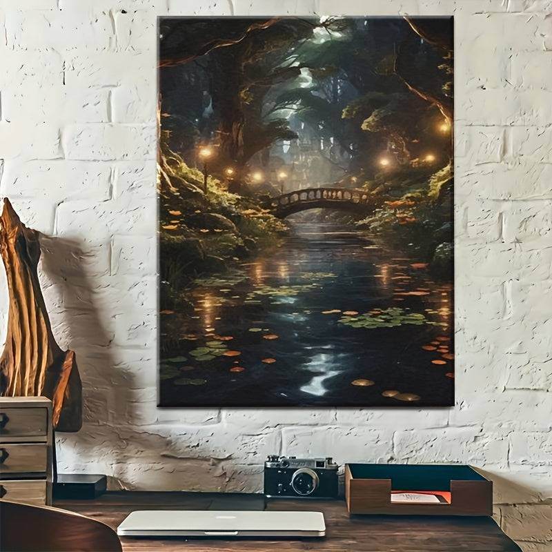 Mystical Enchanted Fantasy Forest Night Lake Bridge Wooden Canvas Art Print - Le Joyau Store - Cottage,Enchanted,Fantasy,Landscape,Wooden - 08×12×0.75inch-Framed