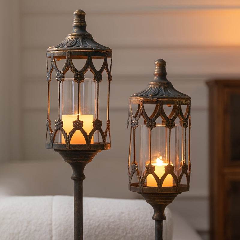 Elegant Vintage Antique Bronze Metal Floral Glass Lamppost Candle Holders (Set of 2) - Le Joyau Store - elegant,festive,glass,metal,wedding -