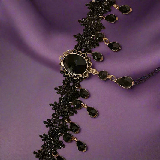 Antique Victorian Gothic Style Black Lace Choker Necklace with Black Gemstones - Le Joyau Store - Black Lace,Elegant,Gothic,Synthetic Gem,Tassel -