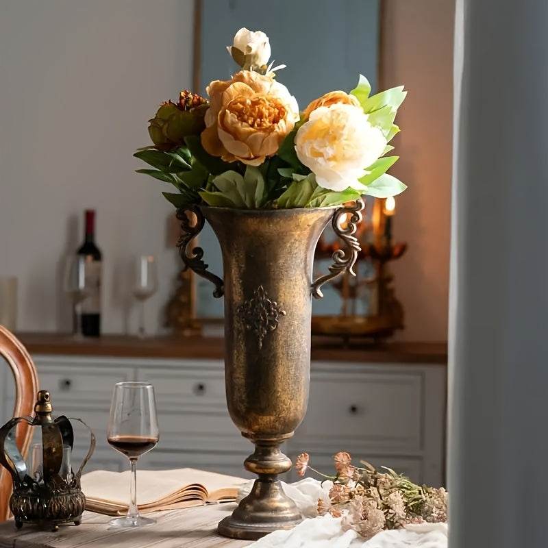 Vintage Aged Metal Bronze Cylindrical Antique Floral Vines Flower Vase - Le Joyau Store - cylindrical,dried flowers,floral design,metal vase,rustic style -