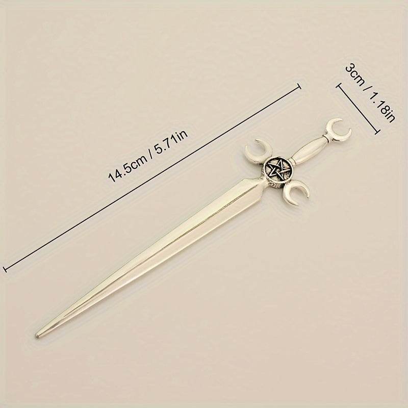 Vintage Triple Moon Goddess Witches Star & Moon Sword Antique Hairpin - Le Joyau Store - gothic,hairpin,metal,vintage,witch -