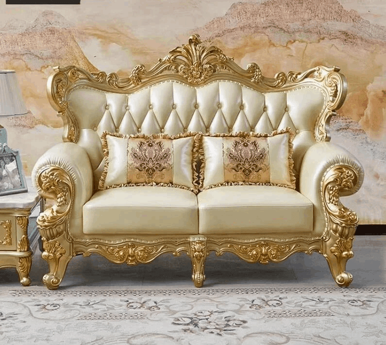 Royal European Cream Quilted Leather & Gilded Wooden Golden Living Room Sofa Set - Le Joyau Store - designer,golden,Nordic,reclining,wood - Single Seat