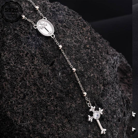 Italian 925 Sterling Silver Y-Shaped Religious Rosary Cross Necklace - Le Joyau Store - rosary,silver,zircon - Gold