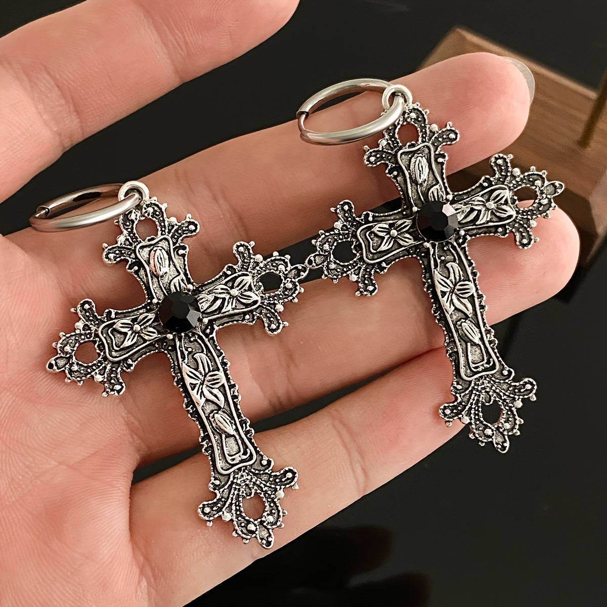 Vintage Gothic Religious Silver Filigree Cross Unisex Hoop Earrings with Black Accents - Le Joyau Store - alloy,black,filigree,hip hop,vintage -