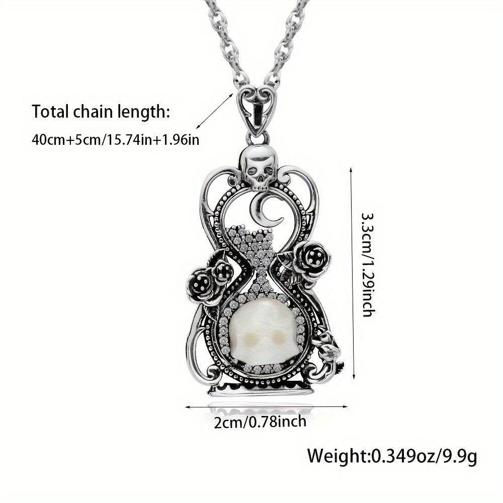 925 Sterling Silver Gothic Moonlight Vintage Hourglass with Skull & Rose Details - Le Joyau Store - 925 Silver,Cubic Zirconia,Skull,Unisex,Vintage -