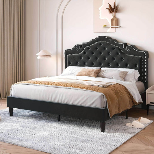 Luxury Black Velvet Upholstered Diamond Buttoned Tufted Tiara Headboard Bedframe - Le Joyau Store - Black,King,Queen,Tufted,Velvet - Full / Black