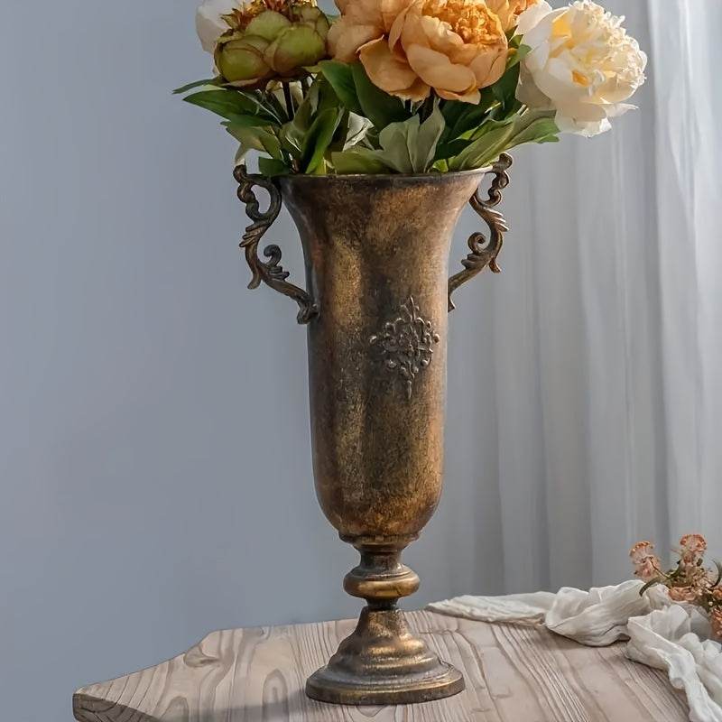 Vintage Aged Metal Bronze Cylindrical Antique Floral Vines Flower Vase - Le Joyau Store - cylindrical,dried flowers,floral design,metal vase,rustic style -