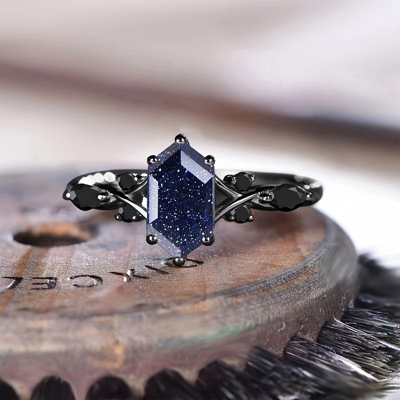 Night Sky Gothic Midnight Blue & Silver Hexagonal Cubic Zirconia Women's Ring - Le Joyau Store - Black Band,Blue Gem,Cubic Zirconia,Elegant - 6