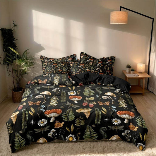 Dark Enchanted Forest Mythical Woodland Mushroom & Flowers Bedding & Quilt Cover Set - Le Joyau Store - Floral,Mushroom,Polyester,Soft - Twin (68.11''*90.16'')